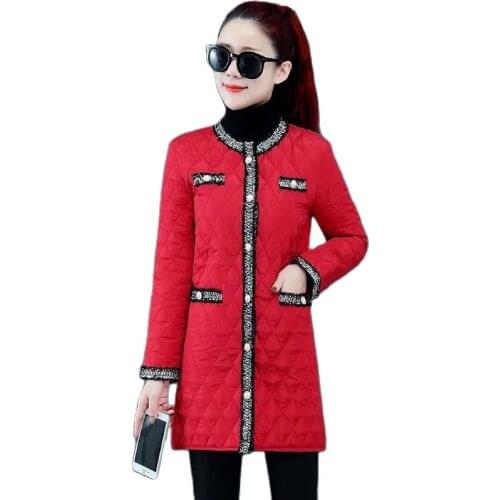 Womens Cotton Coat Mid Long Winter Round Neck Single Breasted Female Cotton Clothes Light Thin Down Cotton Thicken Ladies Coat