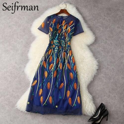 Seifrmann New 2021 Summer Women Fashion Runway Midi Dress Short Sleeve Gorgeous Embroidery Elegant Ladies A-Line Mesh Dresses