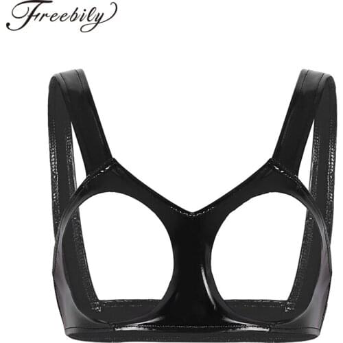 Women Hot Erotic Lingerie Bra Latex Rubber Fetish Bra with Cut-out Breasts Erotic Underwear Open Cups Bra Vest Tank Crop Tops