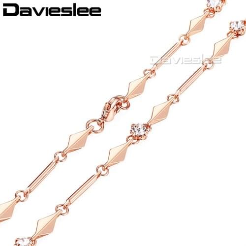 2/5mm Leaf Charms Womens Necklace 585 Rose Gold Filled Chain Rhombic Bead Paved Rhinestones Link GN242