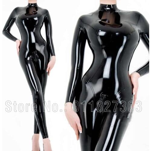 100% Natural Latex Catsuit Sexy Rubber Long sleeves w Back Crotch Zipper High Neck Party Wear Customize