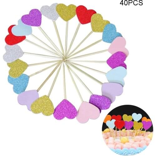 40Pcs Colorful Bling Heart Shape Cupcake Toppers Lovely Cake Flag Insert Card With Toothpick Wedding Birthday Party Cake Decor