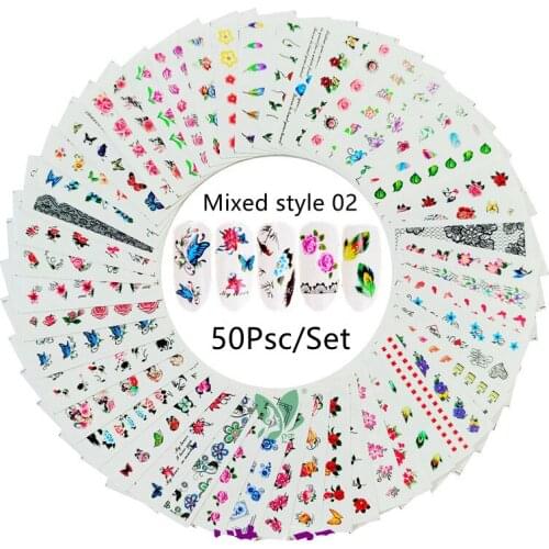 50 Designs Nail Stickers Set Mixed Flower Butterfly Fruit Water Transfer Decals Nail Art Decoration Accessories Manicure Tool
