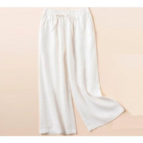 Spring Summer Women Stretchy High Waisted Green Navy White Wide Leg Linen Ankle Length Pants , Womens 3xl Trousers