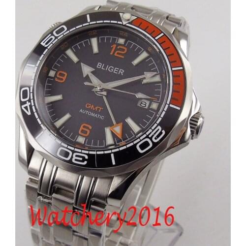 BLIGER Design Brand Luxury Watch Automatic Black Watch GMT Stainless Steel Business Sapphire Ceramic Bezel Mechanical Mens Watch