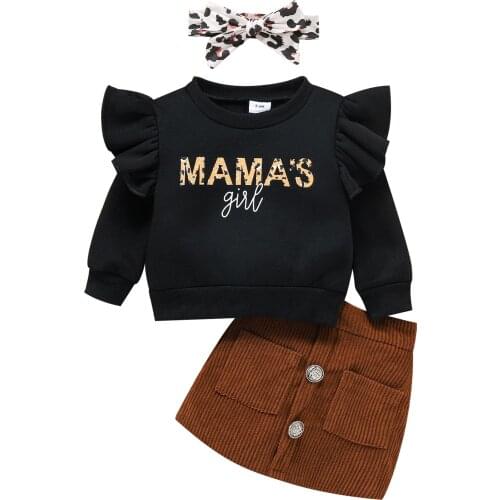 FOCUSNORM 3pcs Infant Baby Girls 0-3Y Clothes Sets Letter Leopard Long Sleeve Sweatshirt Tops Pocket A-Line Skirts Headband