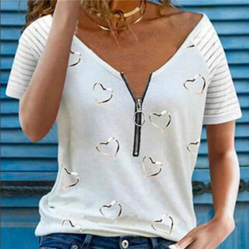 Oversized Women T-Shirts Fashion Heart-Shaped Printed Female T-shirt Zipper Decoration V-neck Short-Sleeve Ladies Loose Top New
