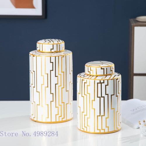 Ceramic Vase Storage Tank with Cover Golden Stripe Geometry Desktop Storage Organization Ornaments Home Decoration Crafts