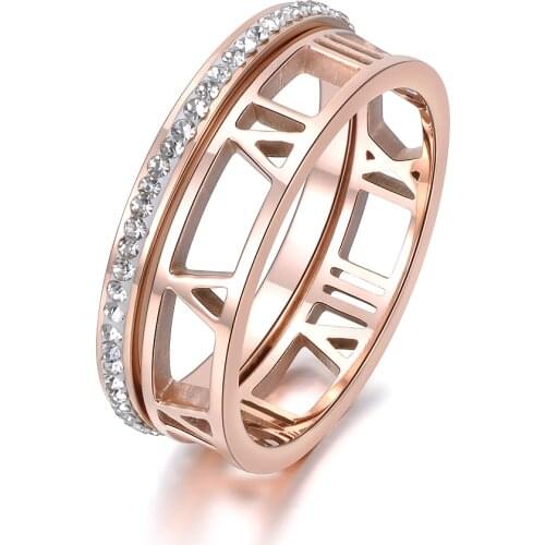 Classic 2 In 1 Stainless Steel Ring Hollow Out Roman Numerals Rose Gold Jewelry Party Jewelry For Women Anneau R18144