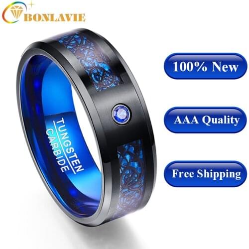 100% Tungsten Carbide Ring Foreign Trade Carbon Fiber Blue Zircon Men Rings Anillos Para Hombres Black Dragon New Arrival