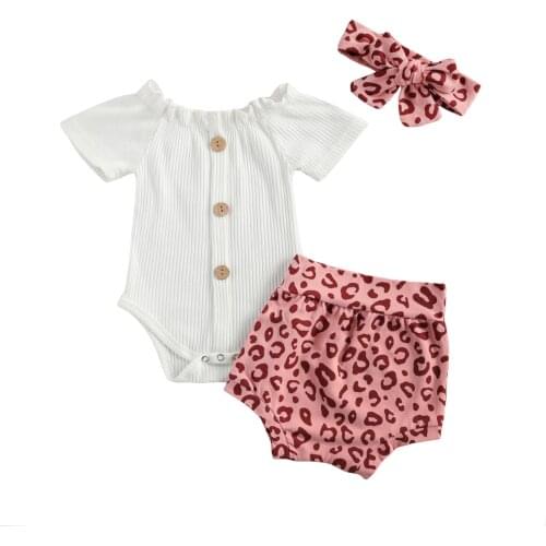 OPPERIAYA NewBorn Baby Short Sleeve Set Solid Color Bodysuit Leopard Print Short Pants bow Headband 3-piece Summer casual Suits