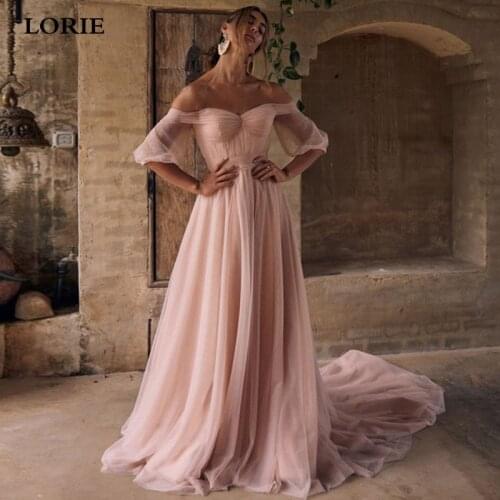 LORIE Pink Bride Dress Puff Sleeve Off The Shoulder Country Wedding dress Sexy Backless Boho Wedding Gown Свадебные платья 2021