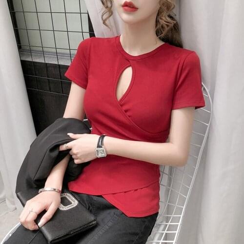 Fashion European Cotton T-shirt Female 2021 New Short-Sleeved Thin Personality Round Neck Top All-match Sexy Hollow T-shirt