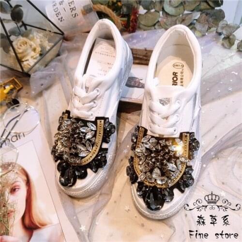 2021 new heavy industry womens diamond beaded white shoes all-match canvas shoes casual womens single shoes