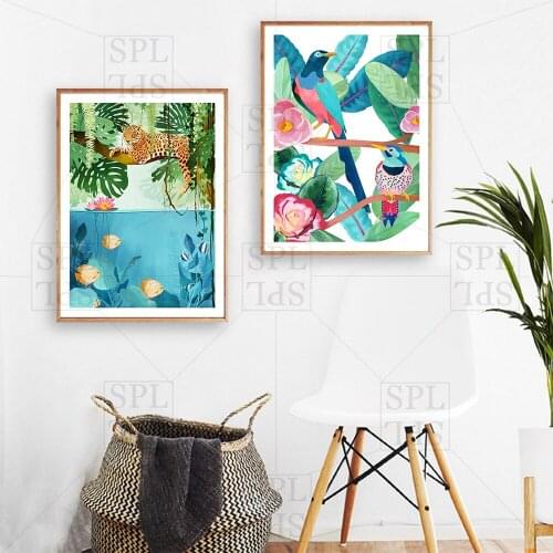 Jungle and Ocean Posters and Prints Leopard Tropical Fish Modern Illustration Wall Pictures for Living Room Decor Flowers Birds