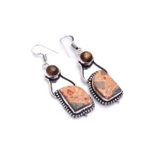 Genuine Leopard Skin Jasper Silver Overlay on Copper Earrings, 60 mm , E6105