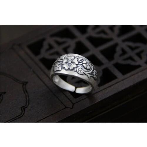 Real S999 sterling silver carved plum ring for women