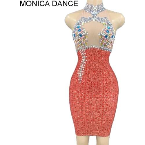 Sexy Stage Colorful Rhinestones Pearls Dress Birthday Party Celebrate Crystals Dresses Women Singer Dancer Nightclub Outfit
