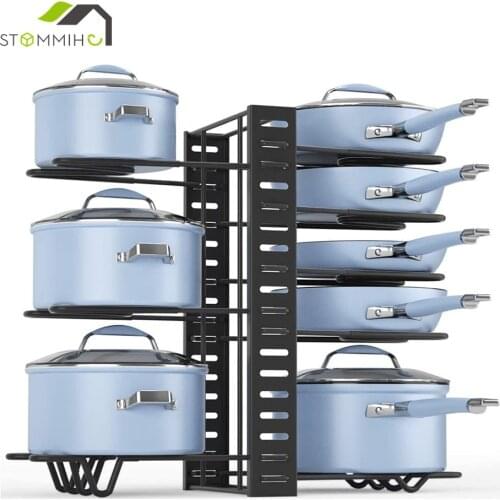 STOMMIHO Adjustable Pan Rack Pot Organizers 8 Tiers Pan&Pot Lid Holder Storage Rack Cabinet Kitchen Cookware Organizer