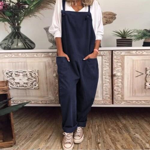 ZANZEA 2021 Fashion Womens Jumpsuit Suspender Sleeveless Casual Wide Legs Jumpsuits Loose Pockets Overalls Long Combinaison 5XL
