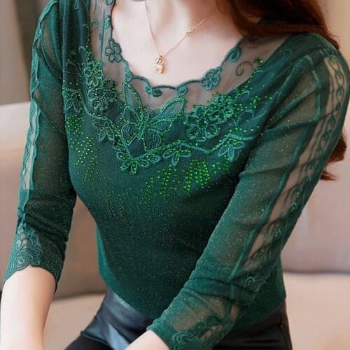 M-3XL New Mesh bottoming shirt Plus size Women clothing Slim long-sleeved T shirt Diamond Round neck Lace Tops