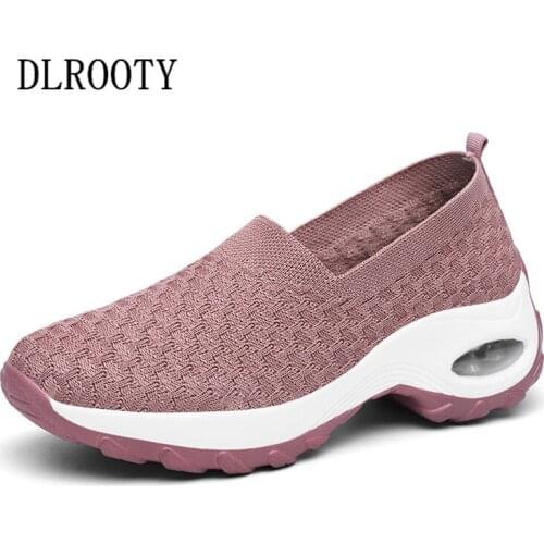 Women Flat Casual Shoes Air Cushion Fashion Shallow Outdoor Sneakers Breathable Slip On Knit Upper Sock Female Platform