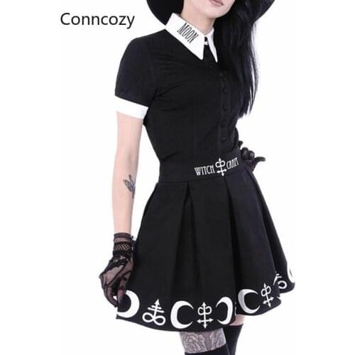 Witch Moon Print Harajuku Punk Rock Gothic Casual Sets Women High Waist Mini Skirt Gothic Girls Blouse TShirt Pleated Skirt Sets