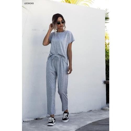 Female Short-sleeved Two-piece Suit Womens Summer Fashion Round Neck Casual Tether Elastic Waist Solid Color Loose Sports Suit