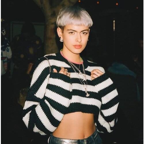 Sweater Female Autumn Short Retro Stripe Sexy Loose Lazy Wind Knitting Sweater Long Sleeve Tops Women 2021