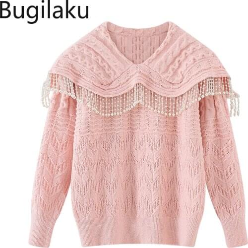 Bugilaku Beading Tassel Knit Sweater Women Peter Pan Collar Long Sleeve Sweet Tops Autumn Winter New All-match Pullover Jumpers