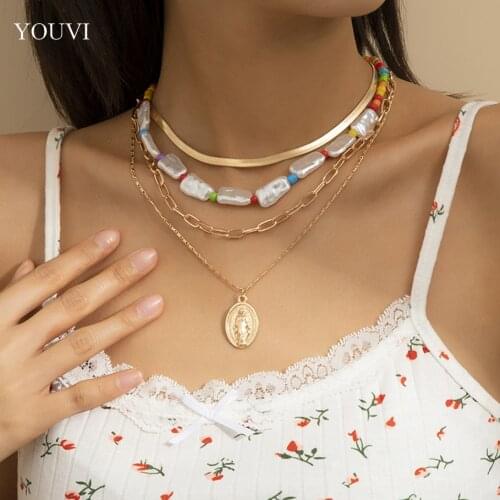 YOUVI Bohemia Korea Fashion Pearl Necklace Oval Coin Pendant Necklace Punk Gothic Snake Chain Necklaces for Women Choker Jewelry