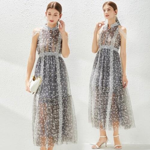 WTIANYUW 2021 New Woman Dress Sleeveless Lace Embroidery Floral High Waist Mesh With Lined Sweet Style Elegant 2021 New Summer