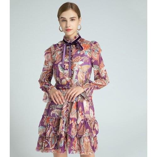 2021 Spring Summer Dress Knee Length Long Sleeve Empire Crew Neck Flora Print Fashion Dress Purple