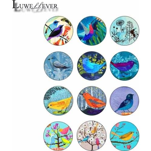12mm 10mm 14mm 16mm 20mm 25mm 429 12pcs/lot Bird Mix Round Glass Cabochons Jewelry Findings 18mm Snap Button Charm Bracelet