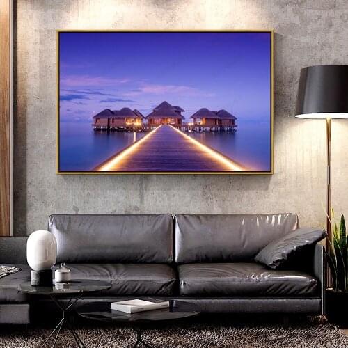 Artcozy Oil Canvas Painting pier_bungalow_buildings For Home Decoration Wall Art
