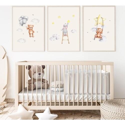 Cartoon Bear Rabbit Star Clouds Beige Nursery Canvas Painting Poster Wall Art Print Pictures Kids Room Interior Home Decoration