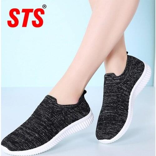 STS Womens Casual Flats Shoes Mesh Breathable Sock Shoe Ladies Footwear Sneaker Outdoor Comfortable Light Female Footwear