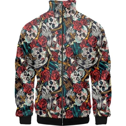 IFPD New Flower Skull Stand Collar Jacket 3d Print Streetwear Harajuku Novelty Oversized Casual Fall Winter Zipper Coats Unisex