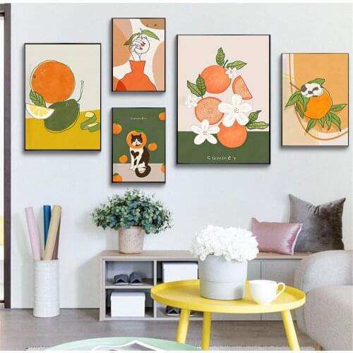 Summer Fruit Kitchen Poster Wall Painting Cat Orange Canvas Print Poster Nordic Wall Art Pictures Living Room Kitchen Decoration