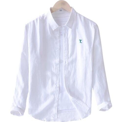 Mens 100%Linen Long Sleeve Shirts For Man White Embroidery T Letter Casual Slim Clothing Plus Size XXXL Y1649