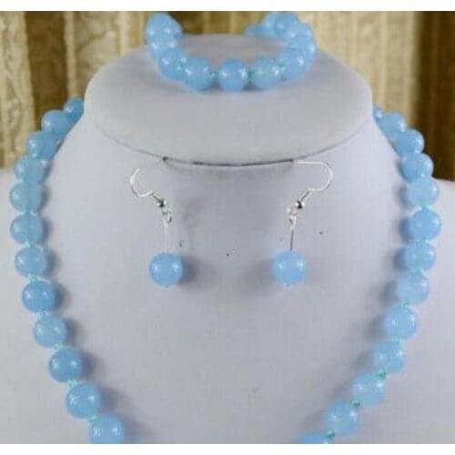 New hot 10mm Natural Blue Aquamarine Gems tone Necklace Bracelet Earring Set 18" AAAAR