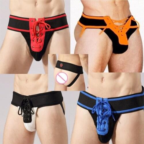 New Top Quality Men Knitting Jockstrap Lace-Up Bandage Briefs Punch Jock Bag Open Butt Erotic Gay Underwear Fetish Lingerie