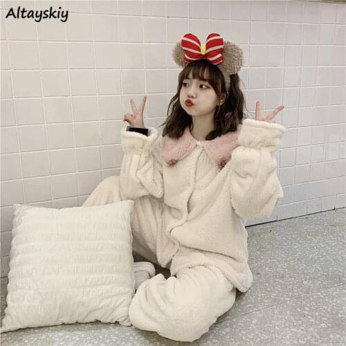 Pajama Sets Women Students Winter All-match Causal Sweet Kawaii Korean Style Homewear Warm Comfortable Long Sleeve Sleepwear Ins