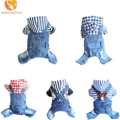 Striped Dog Jumpsuit Spring Autumn Warm Denim Pet Hooded Coat Clothes Puppy Cat Pajamas Pets Apparel For Small Dogs Yorkshire