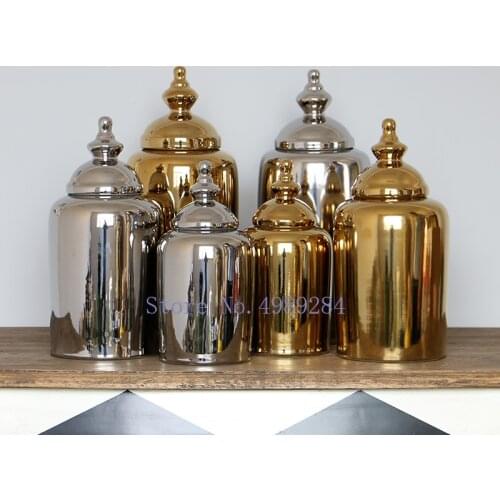 Retro Ceramics Golden Silver Storage Tank European Style Living Room Desktop Crafts Decoration Organizing Tissue Jar Furnishings
