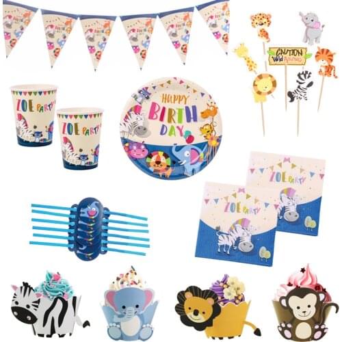 Safari Zoo theme party Disposable tableware Animal plate cup napkin straw banner candy box kid bithday party decoration supplies