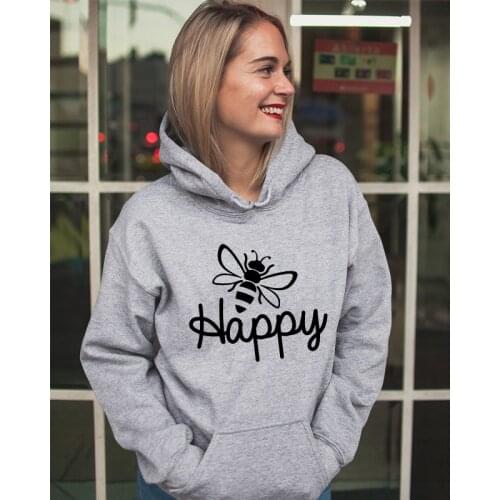 Bee Happy 100%Cotton Hoodies Fashion Women Inspirational Hooded Sweatshirts Casual Unisex Long Sleeve Graphic Jumper Pullovers