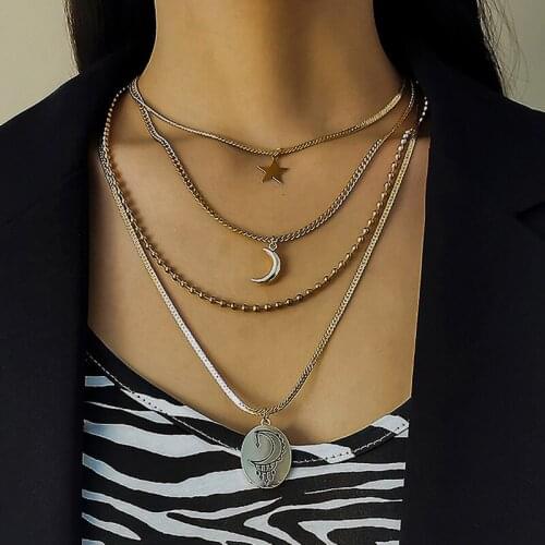 TIMEONLY Creative Multi Layering Ellipse Moon Star Pendant Necklace Beading Chain Small Linked Chain Necklace for Women Jewelry