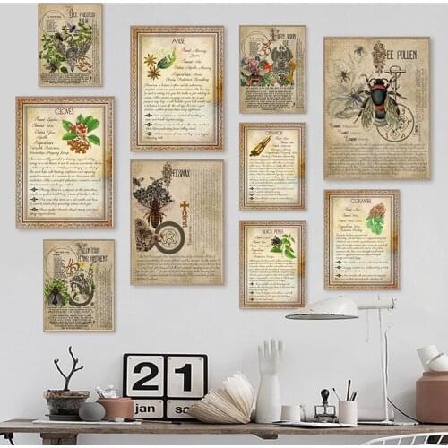 Herbs Book of Shadows Pages Canvas Painting Wall Pictures Witchcraft Bees Magic Green Witch Art Prints Office Vintage Decor