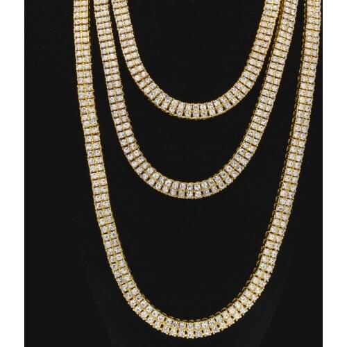 Hip Hop Bling Ice Out 2 Rows Rhinestones Tennis Chain Necklace Gold Color Black Chokers Necklaces for Men Jewelry 20"-30"